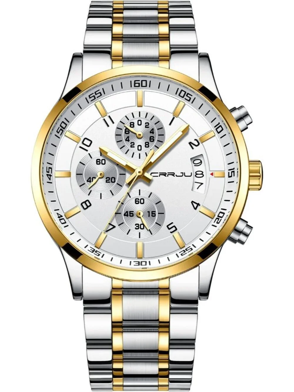 Mens Silver And White Analog Stainless Steel Waterproof Chronograph Wrist Watch